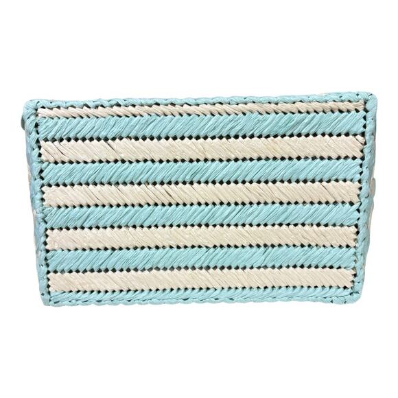 BTB Los Angeles Bria Straw Tote Cream Blue Woven Tote Bag Pom-Poms - Picture 5 of 8